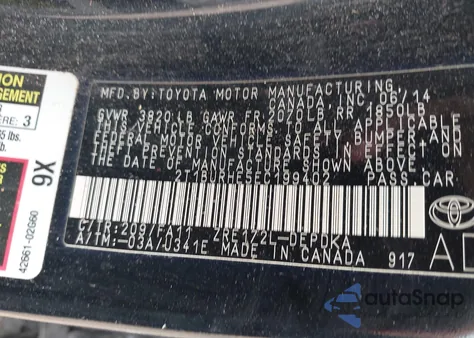 2014 Toyota Corolla L from USA, damaged, VIN 2T1BURHE5EC199402
